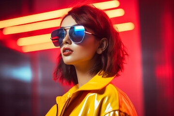 Stylish Woman in Yellow Jacket Posing with Sunglasses in Neon Light, Fashion and Urban Nightlife Concept