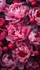 Romantic Love in Floral Splendor: A Vibrant Bouquet of Pink Peonies Blossoming Against a Soft Magenta Background