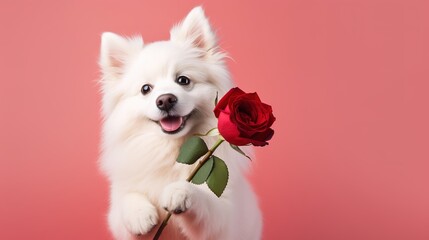 St. Valentine's Day concept. Funny portrait cute puppy dog holding red rose flower.