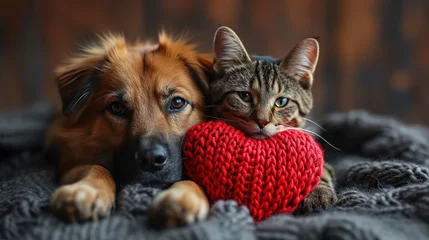 Poster couple of friends a striped cat and dog puppy are lying with knitted red hearts © Vasiliy