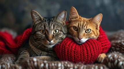 A red knitted heart in the paws of a cats. A postcard with a gray and black fluffy cats