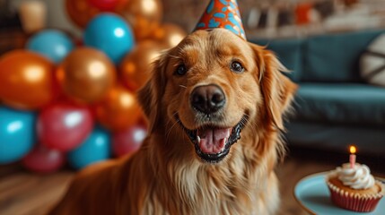 Portrait of a dog in a festive hat for his birthday. The owners wish their pet a happy birthday