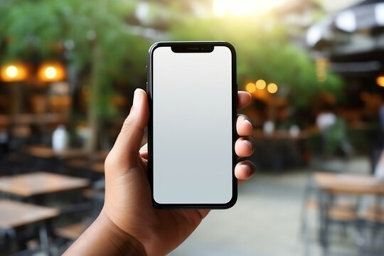 Mockup image of man's hand holding smartphone with white screen at outdoor seating space