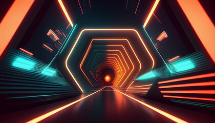 Abstract flight in retro neon hyper warp space in the tunnel minimal background, Ai generated image