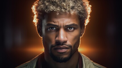 Photorealistic Adult Black Man with Blond Curly Hair Futuristic Illustration. Portrait of a person in cyberpunk style. Cyberspace Ai Generated Horizontal Illustration.