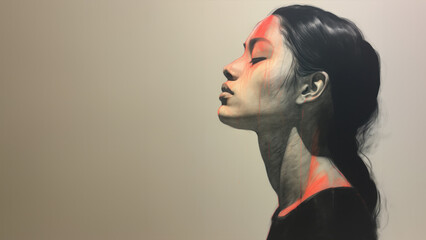 An illustration of a woman in profile. She has black hair and head is turned upwards. Her eyes are closed. - obrazy, fototapety, plakaty