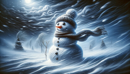 An image of a snowman in the midst of stormy weather - Generative AI - obrazy, fototapety, plakaty