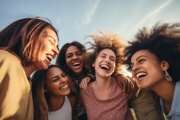 Fototapeta premium Group of Joyful Diverse Women Friends Having Fun Laughing and Embracing Outdoors