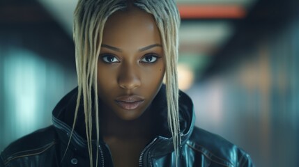Photorealistic Adult Black Woman with Blond Straight Hair Futuristic Illustration. Portrait of a person in cyberpunk style. Cyberspace Ai Generated Horizontal Illustration. - 709406757