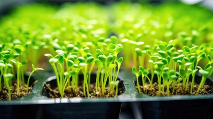 Closeup of delicate microgreens sprouting in their designated growing trays. - obrazy, fototapety, plakaty