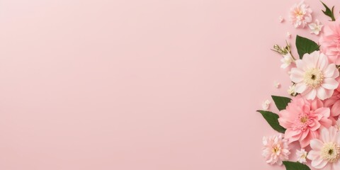 Fototapeta premium Greeting card template for wedding, mother's day or women's day. Spring composition with copy space. Banner with flowers on a light pink background. Flat style