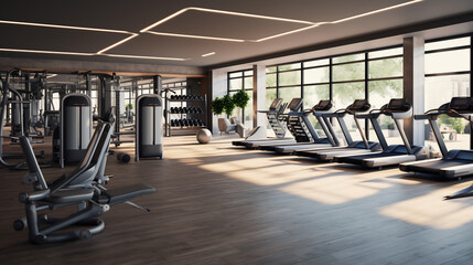 Fototapeta na wymiar Modern Urban Gym Interior with State-of-the-Art Fitness Equipment and City View. Health and Wellness Facility Concept
