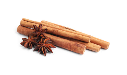 Aromatic cinnamon sticks and anise stars isolated on white