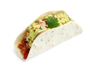 Delicious taco with guacamole and vegetables isolated on white