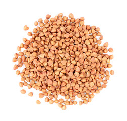 Many dry buckwheat grains isolated on white, top view