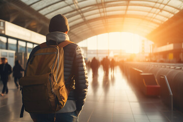 Back View of Traveler with Backpack Walking in Airport Terminal at Sunset - obrazy, fototapety, plakaty