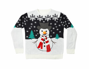 Christmas sweater with snowman isolated on white, top view
