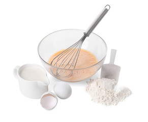 Making dough. Beaten eggs, metal whisk in bowl, flour and milk isolated on white