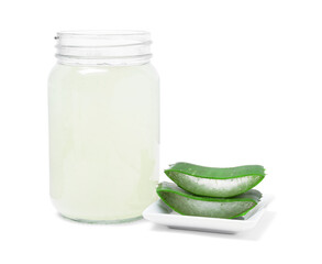 Fresh aloe juice in jar and cut leaves isolated on white