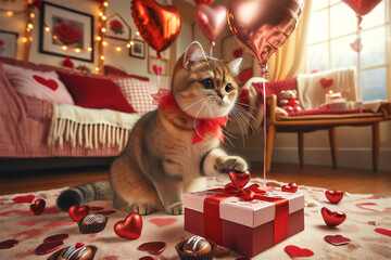 Fluffy cat with red ribbon received a Valentine's day present