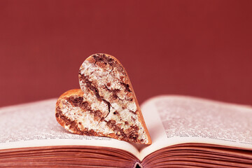 Ein Herz aus Holz mit Rinde auf einem alten Buch