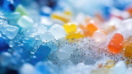 Closeup of microplastics found in a sample of sea salt, highlighting the widespread contamination of plastic in our food chain. - obrazy, fototapety, plakaty