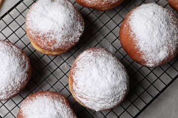 Delicious sweet buns on table, top view
