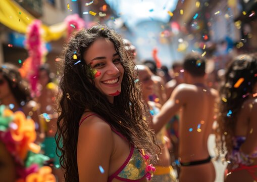 People having fun at carnival. Carnival, revelry. Fun, joy, moments of relaxation and revelry. Cheerful and happy people. Generative AI.