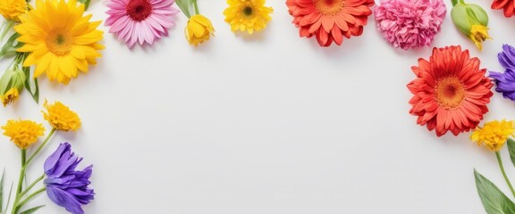 Obraz premium Greeting card template for wedding, mother's day or women's day. Spring composition with copy space. Banner with flowers on a white background. Flat style