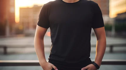 Fotobehang Unrecognizable Man in Black T-Shirt Standing Against City Skyline at Sunset, Urban Apparel Mockup © AspctStyle