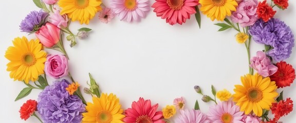 Obraz premium Greeting card template for wedding, mother's day or women's day. Spring composition with copy space. Banner with flowers on a white background. Flat style