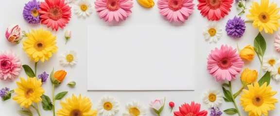 Fototapeta premium Greeting card template for wedding, mother's day or women's day. Spring composition with copy space. Banner with flowers on a white background. Flat style
