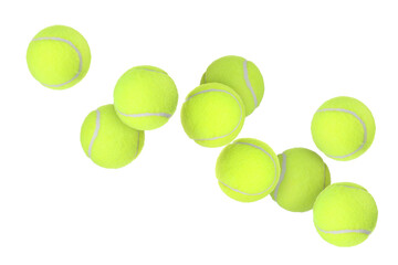 Many tennis balls flying on white background
