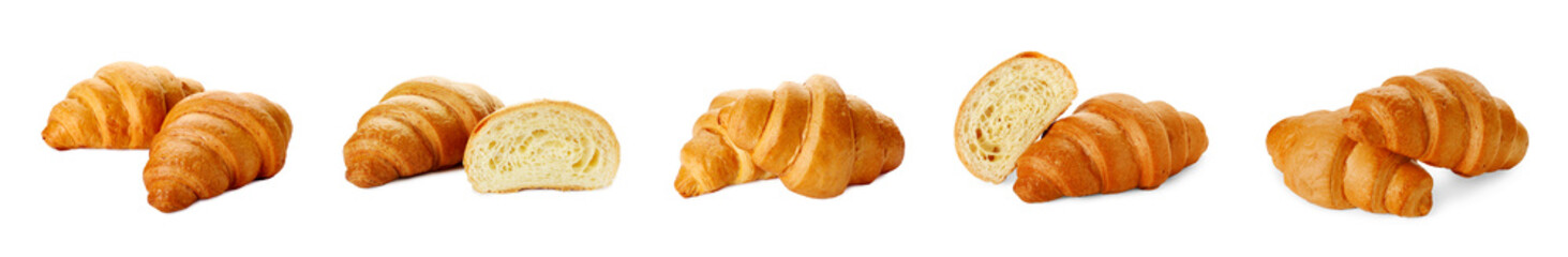 Fresh golden croissants isolated on white, set