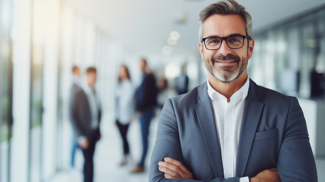 Confident Businessman with Arms Crossed Smiling in Modern Office Environment, Professional Leadership Concept