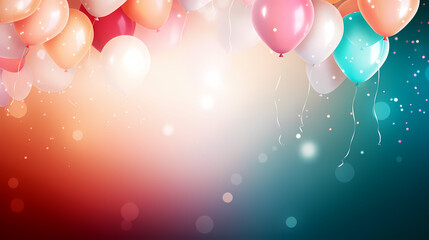 Holiday celebration background with balloons, golden sparkling confetti and ribbons