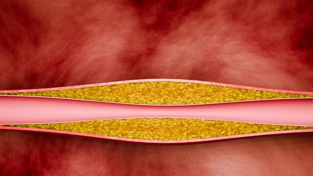 Angioplasty to treat heart disease. Hyperlipidemia or arteriosclerosis. Blocked artery concept and human blood vessel as a disease with cholesterol  plaque fat buildup clogging. 3D Rendering