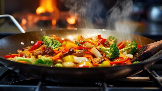 Zoomedin image of a colorful vegetable stirfry sizzling in a hot wok on a stovetop.