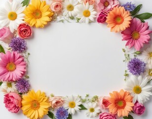 Obraz premium Greeting card template for wedding, mother's day or women's day. Spring composition with copy space. Banner with flowers on a white background. Flat style