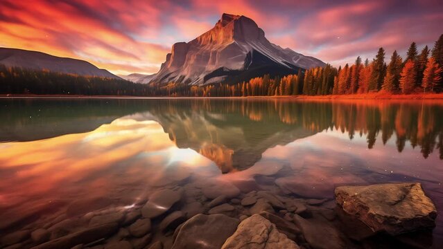 autumn sunrise on mount rundle from two jack lake . beautiful nature background. seamless looping overlay 4k virtual video animation background 