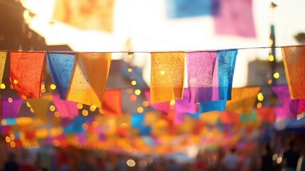 Closeup of colorful festival banners fluttering in the wind, setting the lively and festive mood.