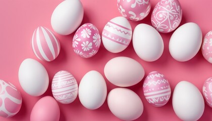 Fototapeta na wymiar Pattern of pink, white, blue Easter eggs on a pink background