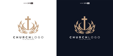 Church logo. Bible, Jesus' cross and angel wings. Wings church logo design icon. - obrazy, fototapety, plakaty
