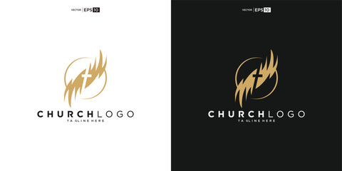 Church logo. Bible, Jesus' cross and angel wings. Wings church logo design icon.