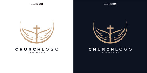 Church logo. Bible, Jesus' cross and angel wings. Wings church logo design icon.