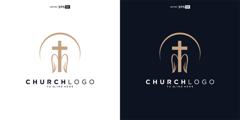 Church logo. Bible, Jesus' cross and angel wings. Wings church logo design icon.