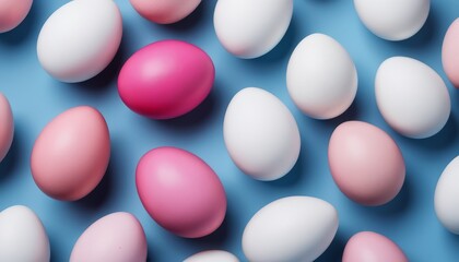 Banner ,Pattern of pink, white, blue Easter eggs on a blue background