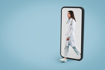 Doctor stepping out from a smartphone, concept of telemedicine