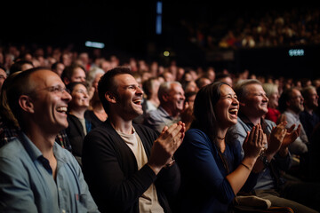 Joyful Audience Laughing and Applauding at a Live Performance, Event Enjoyment Concept