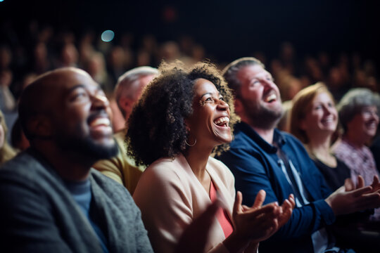 Joyful Audience Laughing and Applauding at a Live Performance, Event Enjoyment Concept